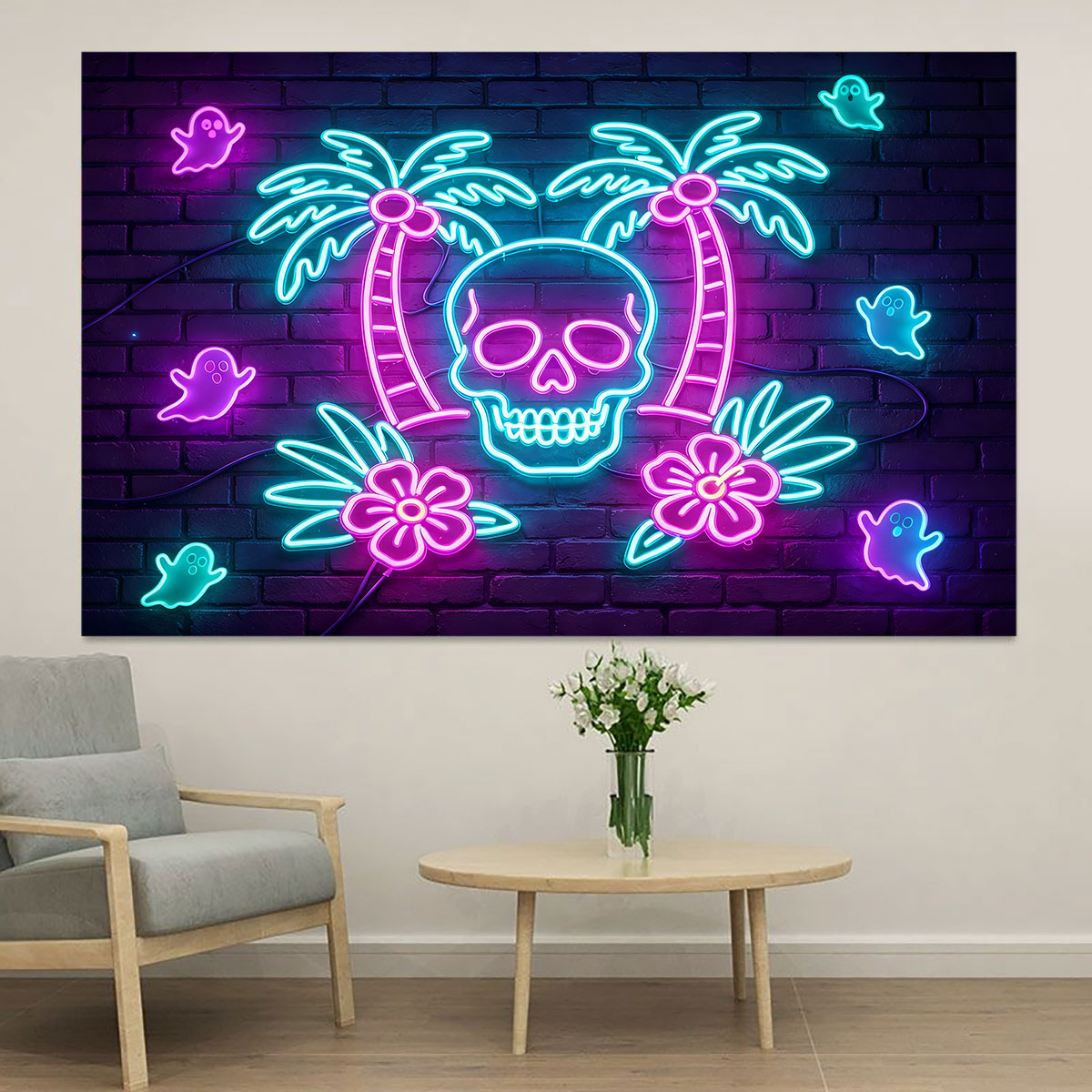 Wall Decor Lighting Tree - สติ๊กเกอร์ติดผนังลายต้นปาล์มเรืองแสงสีม่วง ตกแต่งบ้านสไตล์ทรอปิคอลสำหรับฮาโลวีน ลอกออกและติดได้