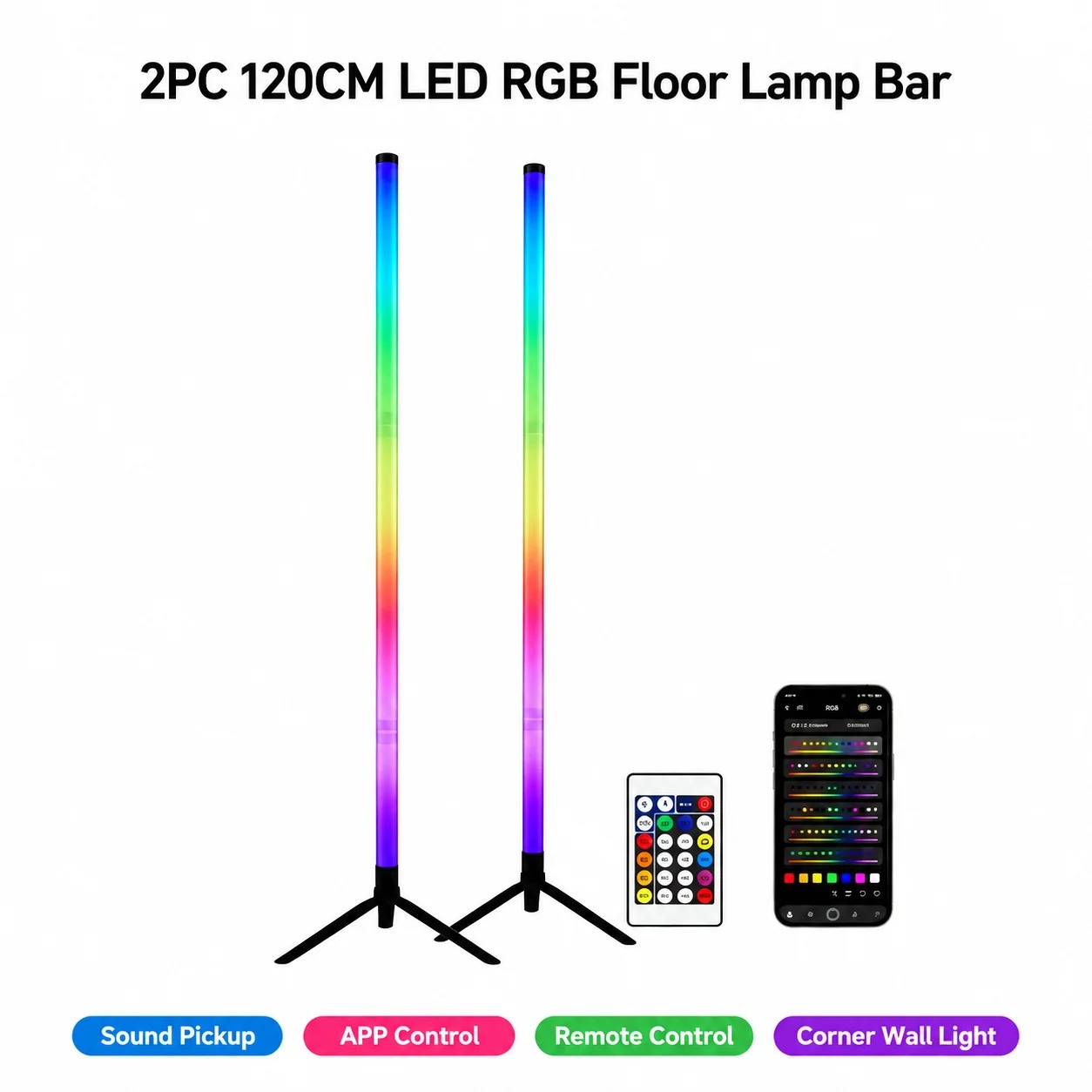 Ambient Lighting Decor For Room - โคมไฟตั้งพื้นแบบมุม RGB LED 2 ชิ้น, แถบไฟยาว