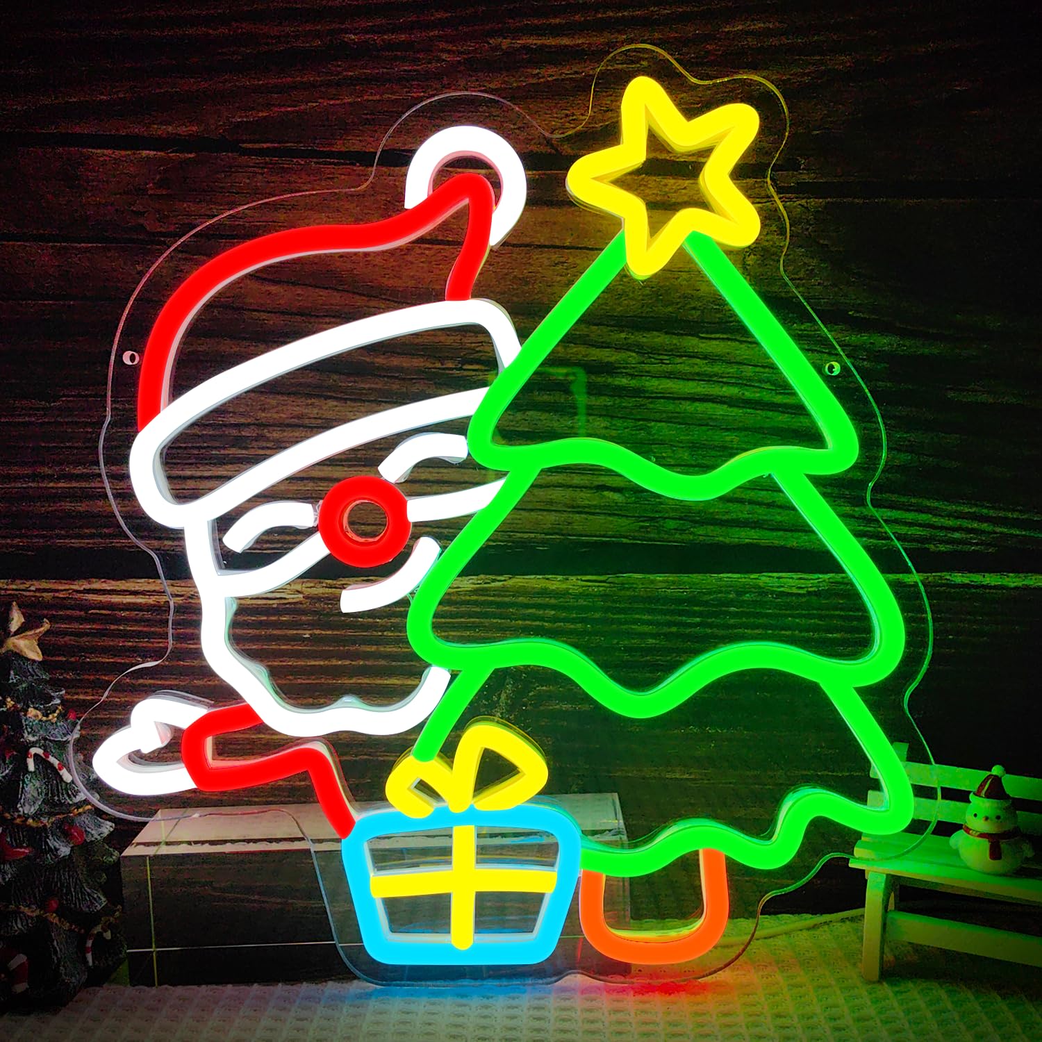 Wall Decor Lighting Tree - ป้ายไฟนีออนซานต้าสำหรับตกแต่งผนัง สวิตช์หรี่แสงได้ ป้ายไฟต้นคริสต์มาสสำหรับตกแต่งบ้าน งานปาร์ตี้ ห้องนอน ห้องรับประทานอาหาร