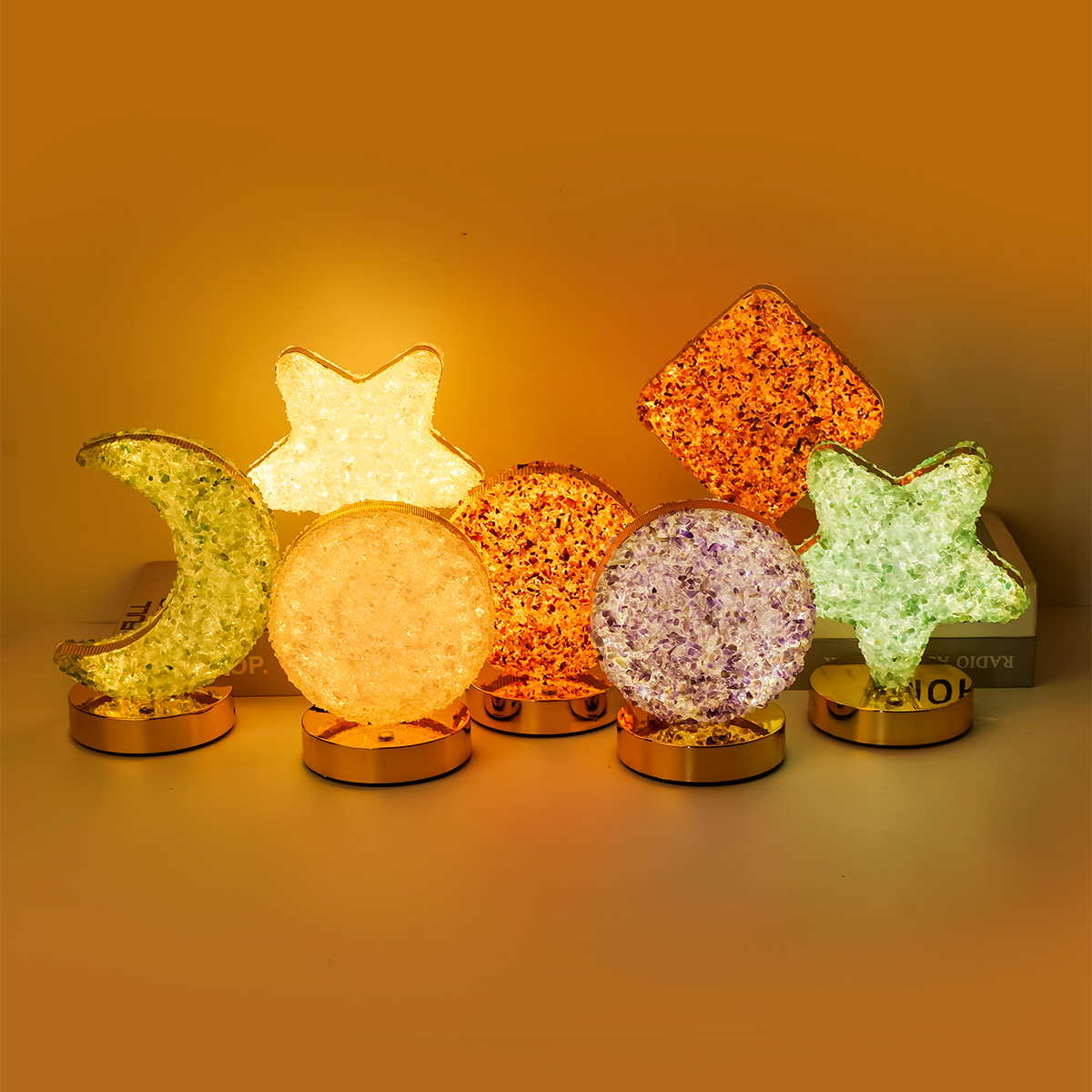 Led Moon Lamp - คริสตัลธรรมชาติกรวด LED ไฟกลางคืนรูปดาวดวงจันทร์รูปทรงสี่เหลี่ยม USB ชาร์จไฟข้างเตียงโคมไฟจักระตกแต่งบ้านของขวัญวันเกิด