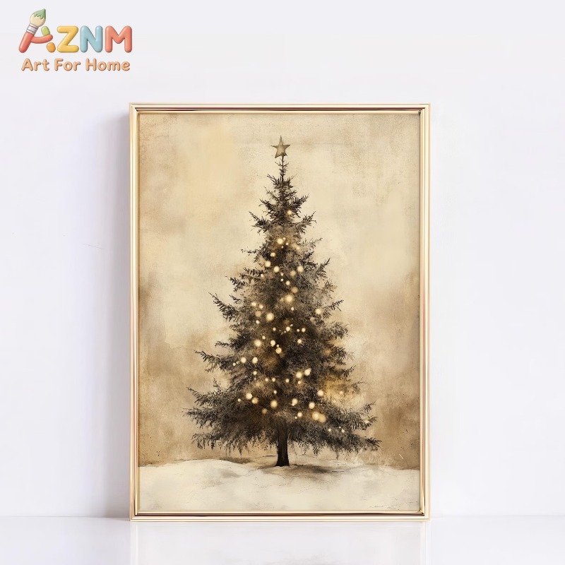 Wall Decor Lighting Tree - ภาพพิมพ์บนผ้าแคนวาสลายดาวประดับต้นคริสต์มาสสไตล์วินเทจ ไม่มีกรอบ ตกแต่งผนังสำหรับเทศกาลวันหยุด สร้างบรรยากาศอบอุ่นในฤดูหนาว