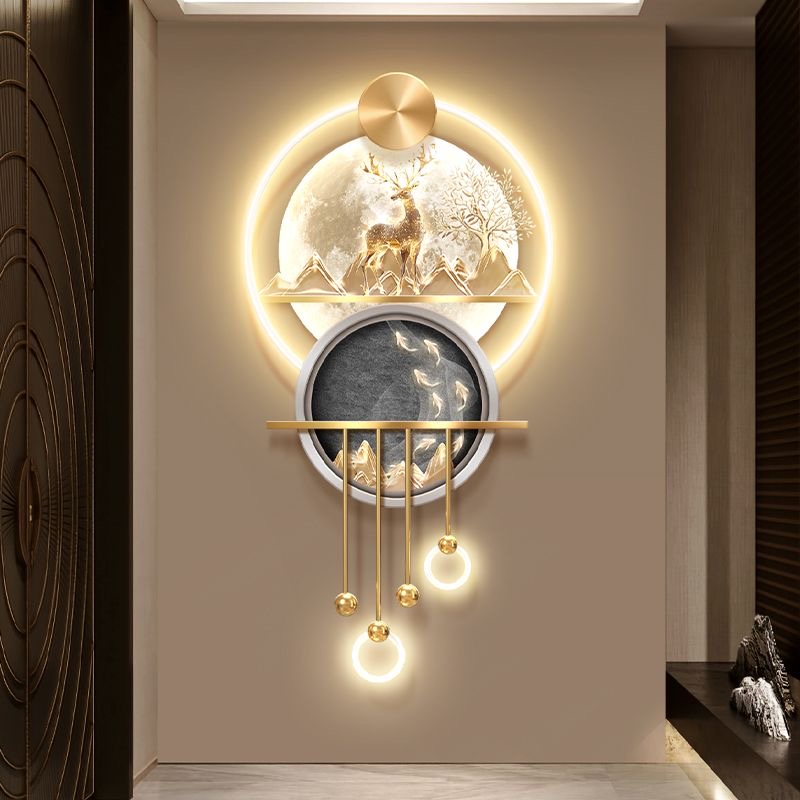 Wall Decor Lighting Tree - ภาพวาดตกแต่งระเบียงบ้านรูปต้นไม้มงคลสไตล์หรูหราเบาๆ ภาพปลาเก้าตัว สำหรับประตูทางเข้า ติดผนัง