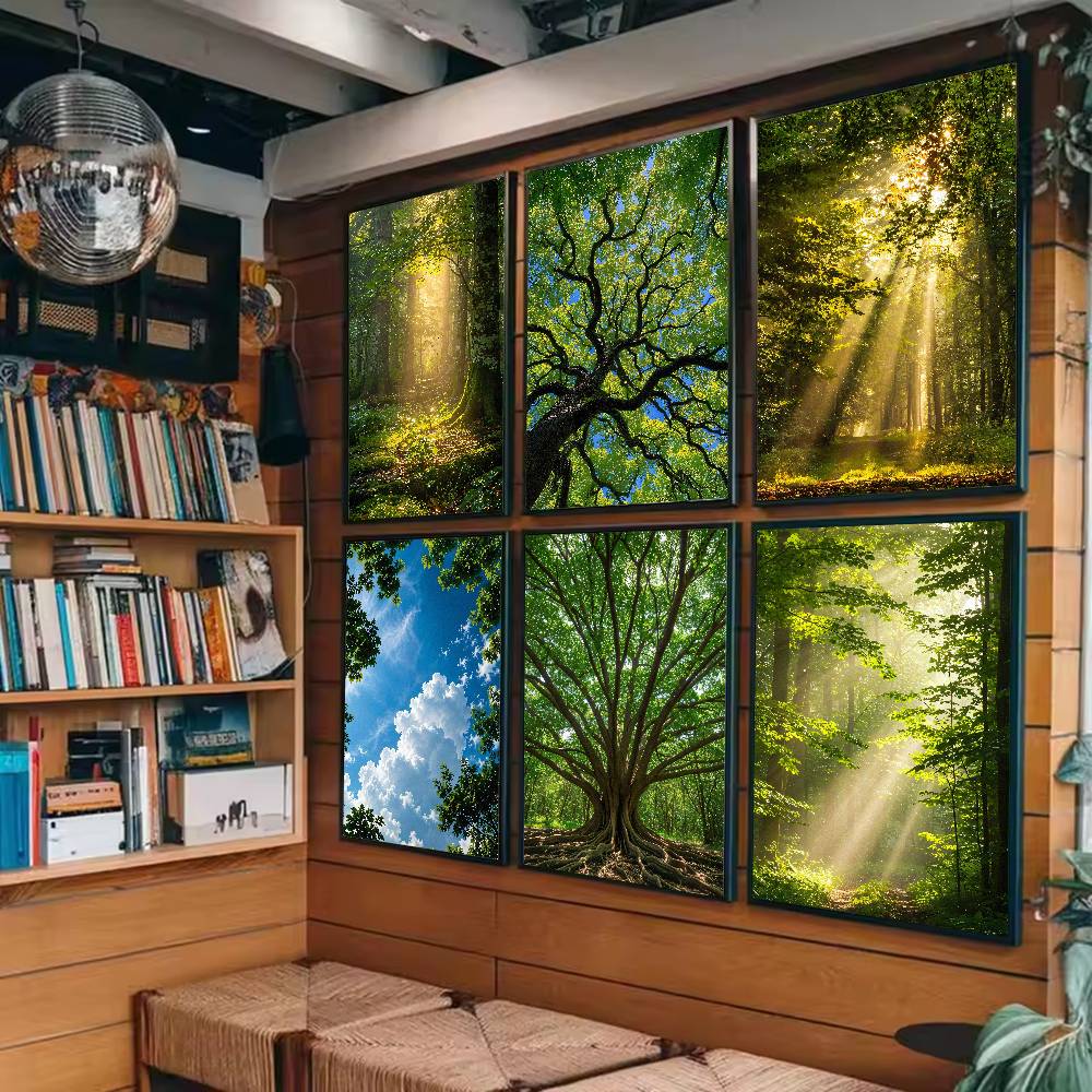 Wall Decor Lighting Tree - โปสเตอร์ธรรมชาติป่าซันบีม, ภาพป่าไม้สีเขียวที่แสงแดดส่องผ่านใบไม้ แสงที่แผ่วเบาและเงียบสงบ ภาพตกแต่งภูมิทัศน์ป่า