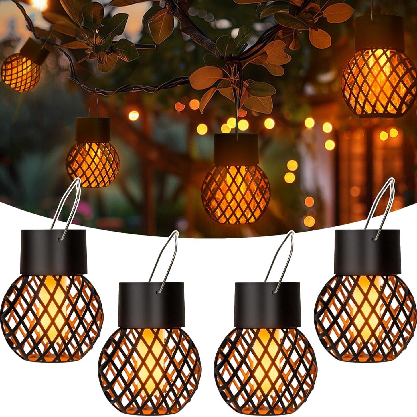 Lighting Decoration Outdoor - ไฟประดับพลังงานแสงอาทิตย์แบบแขวน 4 ชิ้น รูปทรงลูกบอล ลายฉลุ สำหรับตกแต่งภายนอก