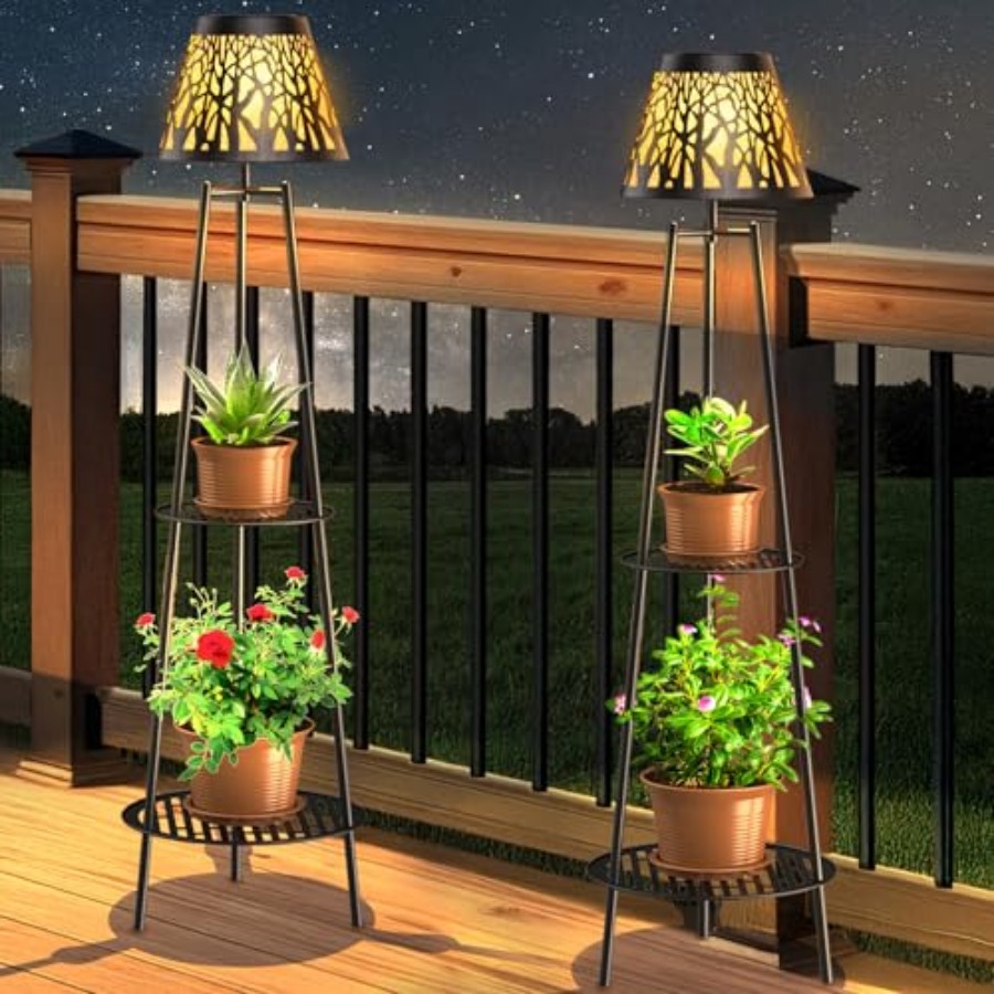 Lighting Decoration Outdoor - โคมไฟตั้งพื้นพลังงานแสงอาทิตย์สำหรับกลางแจ้ง 2 ชิ้น พร้อมขาตั้งต้นไม้ ไฟสวนโลหะกันน้ำ พร้อมชั้นวาง