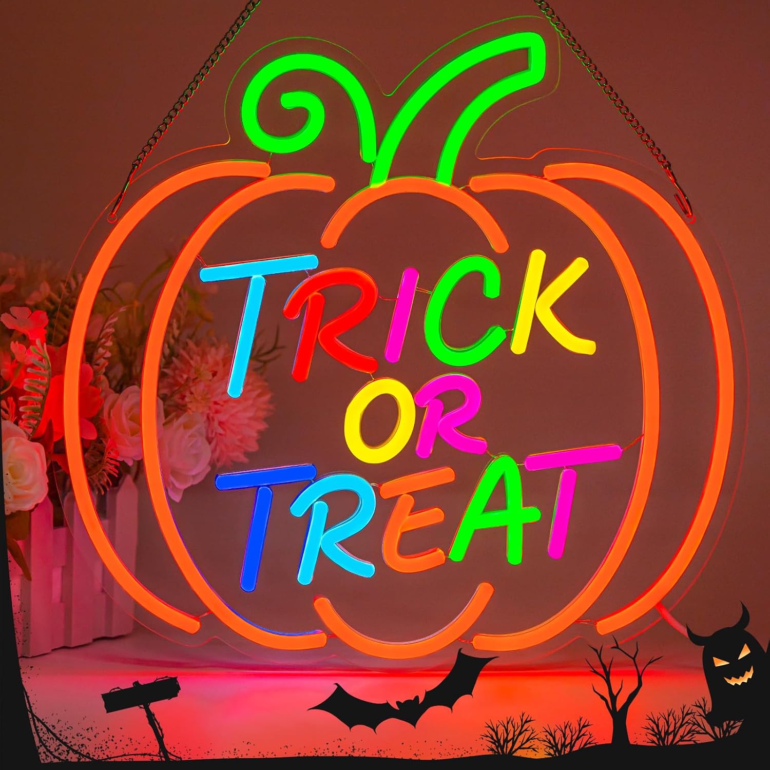 Home Decor Lighting Tricks - ป้ายไฟนีออน LED รูปฟักทอง Trick Or Treat